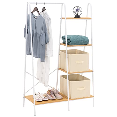 YOUDENOVA Clothes Rack with Shelves, Clothing Rack for Hanging Clothing, Heavy Duty Closet Rack with 4-Tier Wood Shelves, White Garment Rack