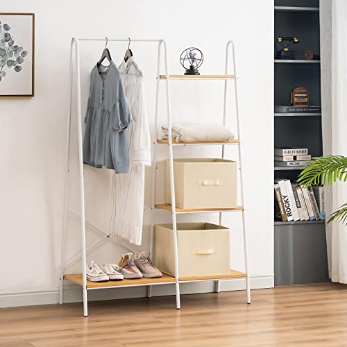 YOUDENOVA Clothes Rack with Shelves, Clothing Rack for Hanging Clothing, Heavy Duty Closet Rack with 4-Tier Wood Shelves, White Garment Rack