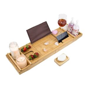 saverstate luxury bathtub caddy tray, 1 or 2 person bath and bed tray, bath tub table caddy with extending sides - free soap dish (natural)