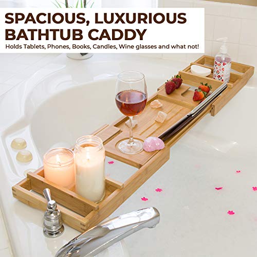 SaverState Luxury Bathtub Caddy Tray, 1 or 2 Person Bath and Bed Tray, Bath Tub Table Caddy with Extending Sides - Free Soap Dish (Natural)