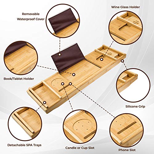 SaverState Luxury Bathtub Caddy Tray, 1 or 2 Person Bath and Bed Tray, Bath Tub Table Caddy with Extending Sides - Free Soap Dish (Natural)