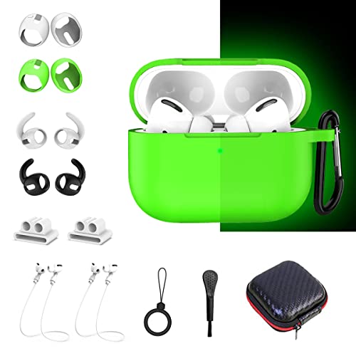 WQNIDE Cover Case for Airpods Pro, [14 in 1] Silicone Accessories Set Protective Case Cover for Airpod Pro Case with Ear Tip/Ear Hook/Strap/Watch Band Holder/Brush/Keychain/Carrying Box (Green)