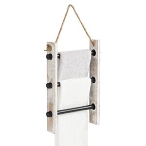 mygift 3-tiered hanging hand towel rack ladder, wall mounted whitewashed wood and industrial pipe bathroom storage towel holder with rope