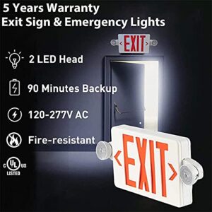 Red LED Exit Sign with Emergency Lights, Two LED Adjustable Head Emergency Exit Lights with Battery Backup, Dual LED Lamp ABS Fire Resistance UL-Listed 120-277V