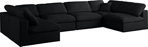 Meridian Furniture Plush Collection Contemporary Down Filled Cloud-Like Comfort Overstuffed Velvet Upholstered Modular U-Shaped Sectional, 6-Seater, Armless, Black