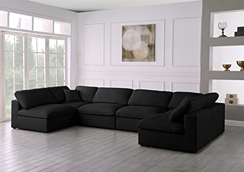 Meridian Furniture Plush Collection Contemporary Down Filled Cloud-Like Comfort Overstuffed Velvet Upholstered Modular U-Shaped Sectional, 6-Seater, Armless, Black