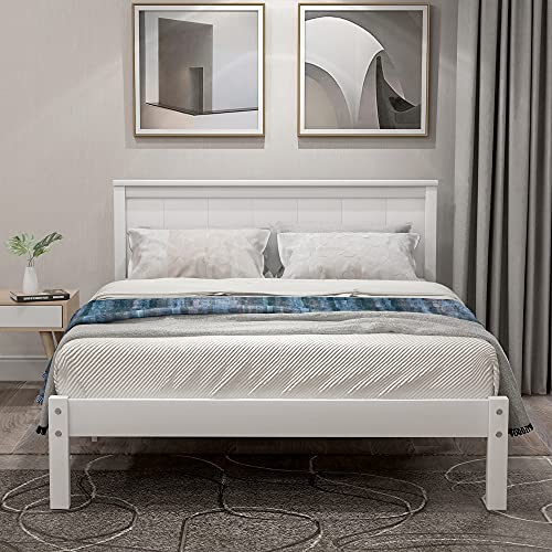 P PURLOVE Twin Size Platform Bed Frame with Headboard, Wood Platform Bed with Slat Support, No Box Spring Needed, White