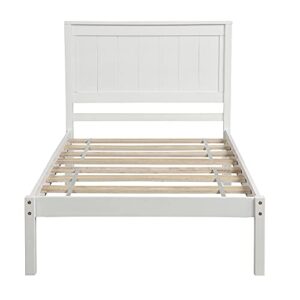 P PURLOVE Twin Size Platform Bed Frame with Headboard, Wood Platform Bed with Slat Support, No Box Spring Needed, White