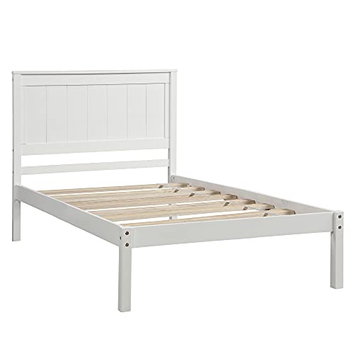 P PURLOVE Twin Size Platform Bed Frame with Headboard, Wood Platform Bed with Slat Support, No Box Spring Needed, White