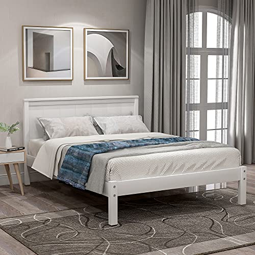 P PURLOVE Twin Size Platform Bed Frame with Headboard, Wood Platform Bed with Slat Support, No Box Spring Needed, White