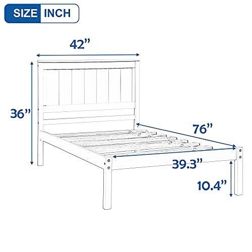 P PURLOVE Twin Size Platform Bed Frame with Headboard, Wood Platform Bed with Slat Support, No Box Spring Needed, White