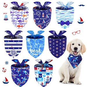 8 pieces nautical dog bandanas summer pets bandana ocean pets triangle scarf bibs puppy bibs adjustable dog bandanas washable sea turtle pets triangle scarf accessories for most pet wearing