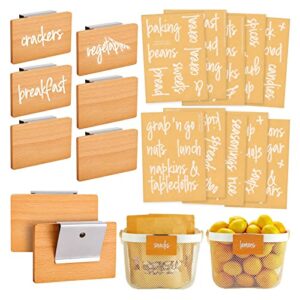 set of 8 wooden clip on pantry label holders for storage bins + 70 preprinted white on clear script stickers for kitchen organization, baskets, containers