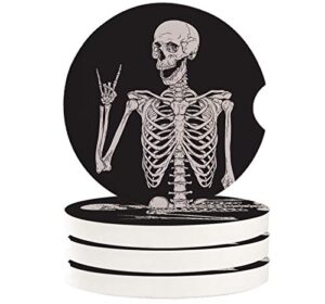 funny skeleton cup holders car coasters for women/men - 4 pack absorbent ceramic stone drinks automotive cup holders coaster set, skull skeleton halloween rock
