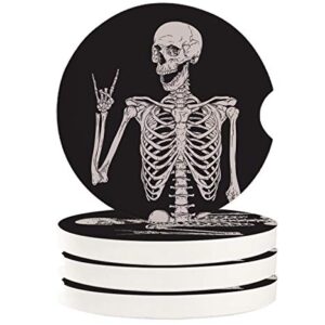 Funny Skeleton Cup Holders Car Coasters for Women/Men - 4 Pack Absorbent Ceramic Stone Drinks Automotive Cup Holders Coaster Set, Skull Skeleton Halloween Rock