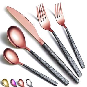 silverware set 20 pieces rose gold head coating with black mars handle, stainless steel copper titanium plating knives spoons forks flatware set utensils set cutlery set service for 4