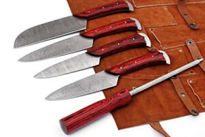 mk-5022 damascus chef knife/kitchen knife set of 5 pieces professional japanese style bbq knife set custom handmade carbon steel with red and brown pakkawood handle with leather sheath cover.