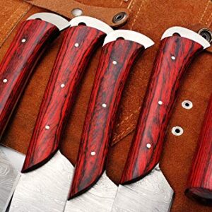 MK-5022 Damascus Chef Knife/Kitchen knife Set of 5 Pieces Professional Japanese Style BBQ Knife Set Custom Handmade Carbon Steel with Red and Brown Pakkawood Handle with Leather Sheath Cover.