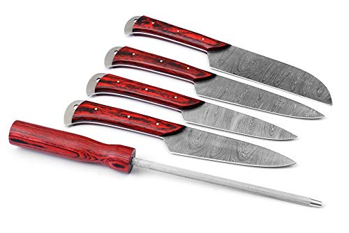 MK-5022 Damascus Chef Knife/Kitchen knife Set of 5 Pieces Professional Japanese Style BBQ Knife Set Custom Handmade Carbon Steel with Red and Brown Pakkawood Handle with Leather Sheath Cover.