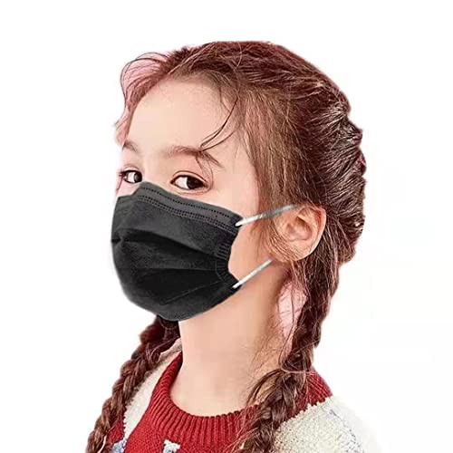 Kids Face Mask Disposable 3 Ply 100 PCS Ages 4-12 Children Size Breathable Boys Girls Mouth Cover Face Masks with Earloops Black