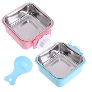 crate dog bowl, removable stainless steel water food feeder bowls hanging pet cage bowl cage coop cup for dogs cats puppy rabbits bird and small pets (samll (pack of 2), square (blue+pink))