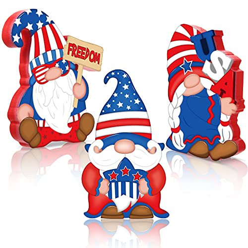 3 Pieces Patriotic Table Decorations American Gnome Wooden Signs Wood Freestanding Table Centerpieces for American Independence Day Memorial Day Veteran Day Party Decor (Classic Style)