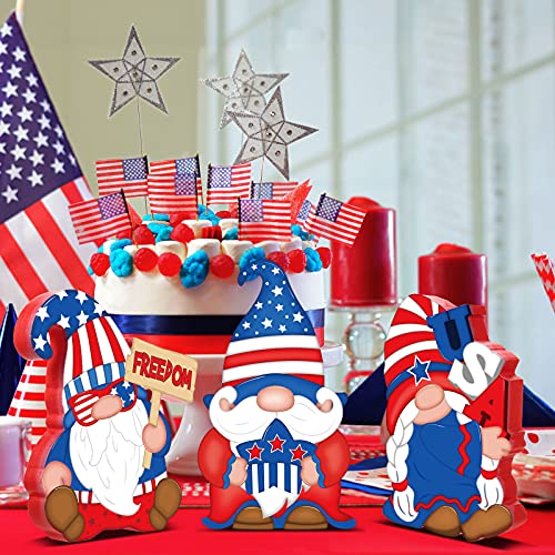 3 Pieces Patriotic Table Decorations American Gnome Wooden Signs Wood Freestanding Table Centerpieces for American Independence Day Memorial Day Veteran Day Party Decor (Classic Style)