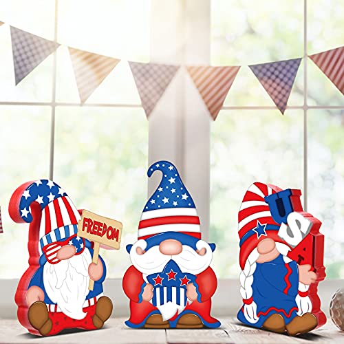 3 Pieces Patriotic Table Decorations American Gnome Wooden Signs Wood Freestanding Table Centerpieces for American Independence Day Memorial Day Veteran Day Party Decor (Classic Style)