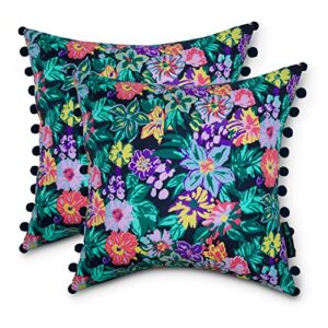 vera bradley by classic accessories water-resistant outdoor throw pillow with poms, 18 x 18 x 8 inch, 2 pack, happy blooms