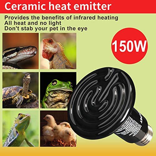 150W PTSCBS Ceramic Heat Lamp Bulb, Infrared Reptile Heat Emitter Bulbs Heater Lamp for Pet Brooder Coop Chicken Lizard Bearded Dragon Turtle Snake Aquarium, No Light No Harm