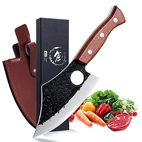 Purple Dragon Meat Cleaver Boning Knife Hand Forged Butcher Chef Knife Fillet Knife High Carbon Steel Full Tang with Leather Sheath Outdoor Knife for Kitchen Camping BBQ