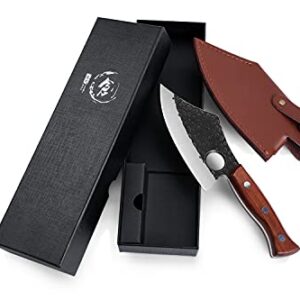 Purple Dragon Meat Cleaver Boning Knife Hand Forged Butcher Chef Knife Fillet Knife High Carbon Steel Full Tang with Leather Sheath Outdoor Knife for Kitchen Camping BBQ