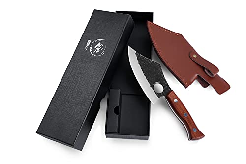 Purple Dragon Meat Cleaver Boning Knife Hand Forged Butcher Chef Knife Fillet Knife High Carbon Steel Full Tang with Leather Sheath Outdoor Knife for Kitchen Camping BBQ