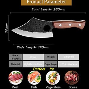 Purple Dragon Meat Cleaver Boning Knife Hand Forged Butcher Chef Knife Fillet Knife High Carbon Steel Full Tang with Leather Sheath Outdoor Knife for Kitchen Camping BBQ