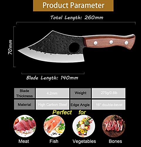 Purple Dragon Meat Cleaver Boning Knife Hand Forged Butcher Chef Knife Fillet Knife High Carbon Steel Full Tang with Leather Sheath Outdoor Knife for Kitchen Camping BBQ