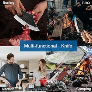 Purple Dragon Meat Cleaver Boning Knife Hand Forged Butcher Chef Knife Fillet Knife High Carbon Steel Full Tang with Leather Sheath Outdoor Knife for Kitchen Camping BBQ