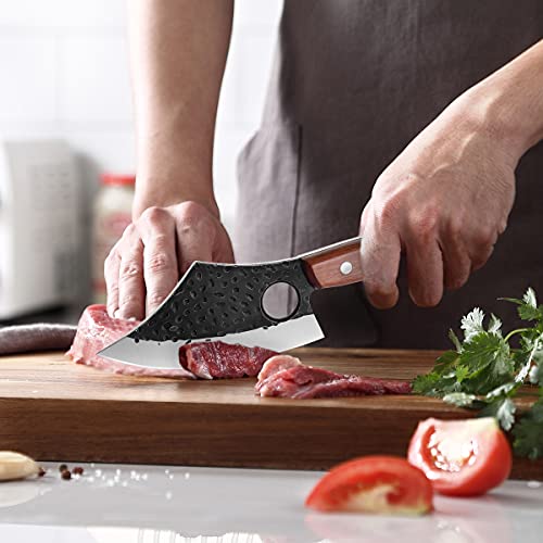 Purple Dragon Meat Cleaver Boning Knife Hand Forged Butcher Chef Knife Fillet Knife High Carbon Steel Full Tang with Leather Sheath Outdoor Knife for Kitchen Camping BBQ