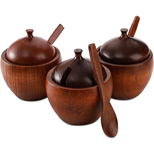 DEAYOU 3-Pack Wood Salt Box Spice Jar, Natural Wooden Salt Cellar with Lid and Spoon, Sugar Bowl Pepper Seasoning Container Holder Keeper for Kitchen, Serving, Condiment, Chili Powder, Japanese Style