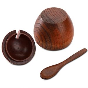 DEAYOU 3-Pack Wood Salt Box Spice Jar, Natural Wooden Salt Cellar with Lid and Spoon, Sugar Bowl Pepper Seasoning Container Holder Keeper for Kitchen, Serving, Condiment, Chili Powder, Japanese Style