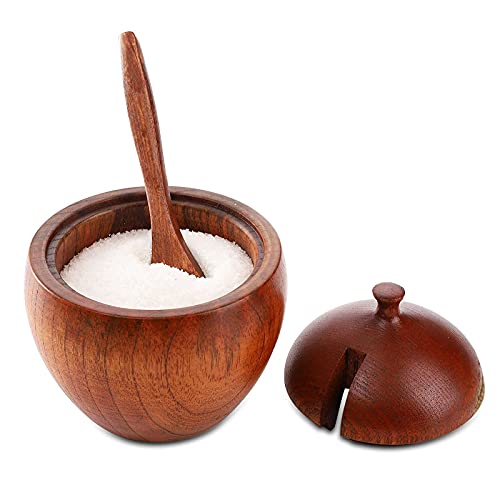 DEAYOU 3-Pack Wood Salt Box Spice Jar, Natural Wooden Salt Cellar with Lid and Spoon, Sugar Bowl Pepper Seasoning Container Holder Keeper for Kitchen, Serving, Condiment, Chili Powder, Japanese Style