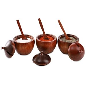 DEAYOU 3-Pack Wood Salt Box Spice Jar, Natural Wooden Salt Cellar with Lid and Spoon, Sugar Bowl Pepper Seasoning Container Holder Keeper for Kitchen, Serving, Condiment, Chili Powder, Japanese Style
