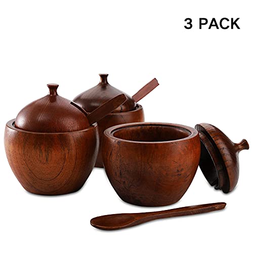 DEAYOU 3-Pack Wood Salt Box Spice Jar, Natural Wooden Salt Cellar with Lid and Spoon, Sugar Bowl Pepper Seasoning Container Holder Keeper for Kitchen, Serving, Condiment, Chili Powder, Japanese Style