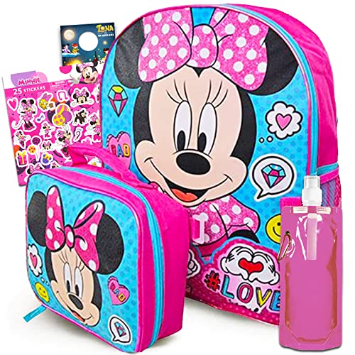 Walt Disney Studio Minnie Mouse Backpack School Supplies Bundle ~ Minnie Lunch Box And Backpack Set With Minnie Mouse Water Bottle And 300+ Stickers (Minnie School Supplies)