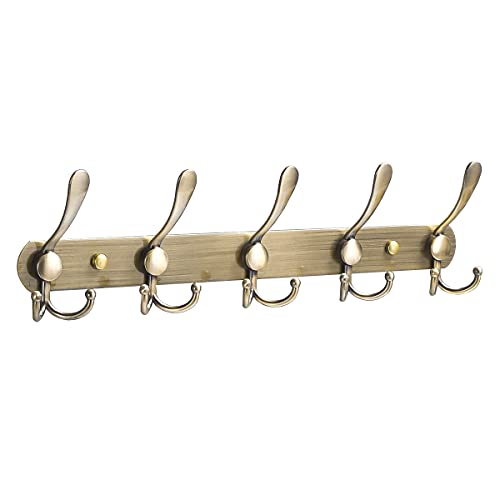 JYL HOME Coat Rack Wall Mounted 5 Triple Hooks Metal Coat Hook Rail for Coat Hat Key Towel Purse Robes, Bronze, 1 Pack