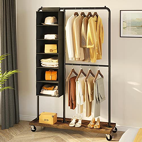 Rolanstar Clothing Garment Rack with Hanging Closet Organizer, Adjustable Heavy Duty Clothes Rack, with Rolling Wheels and 2 Brakes, Great for Living Room, Bedroom