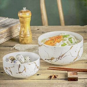 LUCCK Ceramic Cereal Bowl Marble Soup Bowl 17 OZ Ceramic Rice Bowl Luxury Gold Inlay Dessert Bowl Microwave and Dishwasher Safe for Oatmeal Snack (White)