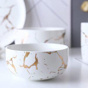 LUCCK Ceramic Cereal Bowl Marble Soup Bowl 17 OZ Ceramic Rice Bowl Luxury Gold Inlay Dessert Bowl Microwave and Dishwasher Safe for Oatmeal Snack (White)