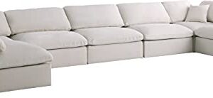 Meridian Furniture Plush Collection Contemporary Down Filled Cloud-Like Comfort Overstuffed Velvet Upholstered Modular U-Shaped Sectional, 7-Seater, Armless, Cream