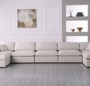 Meridian Furniture Plush Collection Contemporary Down Filled Cloud-Like Comfort Overstuffed Velvet Upholstered Modular U-Shaped Sectional, 7-Seater, Armless, Cream