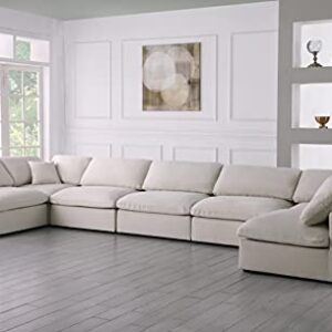 Meridian Furniture Plush Collection Contemporary Down Filled Cloud-Like Comfort Overstuffed Velvet Upholstered Modular U-Shaped Sectional, 7-Seater, Armless, Cream